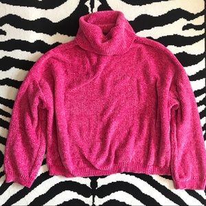Oversized Chenille Turtleneck Cropped Sweater Pink Size Medium